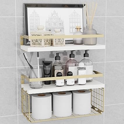 Home Decor Floating Shelves with Towel Bar/Hooks, (Gold-White)