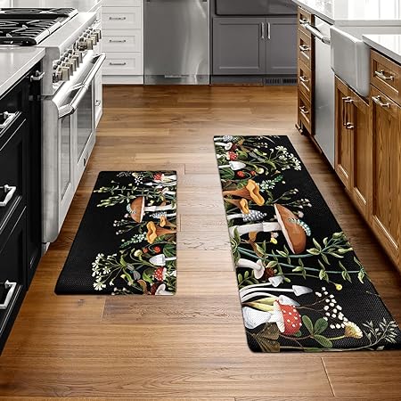 Set of 2 Anti Fatigue Mushroom Non-Skid Washable Kitchen Runner Rug, 17.5"x29.5"+17.5"x47"