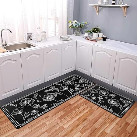 Set of 2 Cushioned Black Non-Slip Waterproof Kitchen Rugs, 17x29 and 17x47 Inch