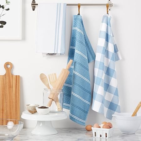 Stripe Gingham Dual Purpose Kitchen Towel 3-Pack Set, Blue Velvet, 16"x28"