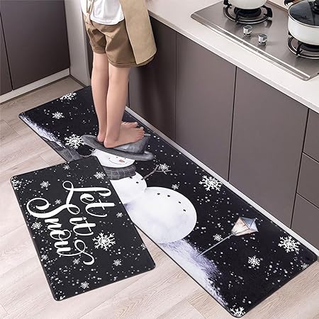 Non Slip Waterproof Snowflake Snowman Xmas Decorative Anti Fatigue Mats, Set of 2