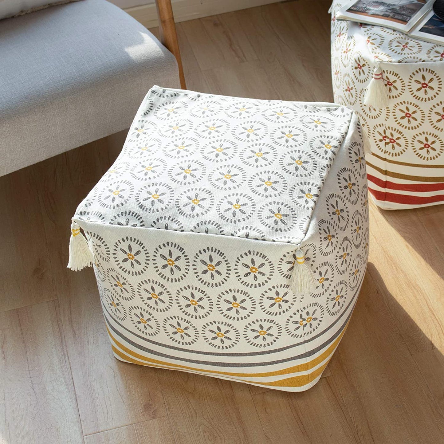 Boho Tufted Decorative Unstuffed Pouf - Farmhouse Casual Ottoman Pouf Cover with Big Tassels, Handwoven Foot Rest