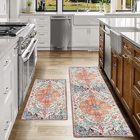 2 Piece Washable Non-Slip Black Boho Kitchen Mats