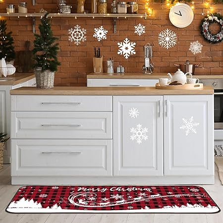 Non Slip Santa Claus Snow Gnome Low Profile Plaid Winter Decorative Christmas Rug 17x29 and 17x47 Inch