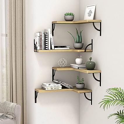 Set of 4, Corner Wood Display Storage Wall Mounted  Floating Shelves