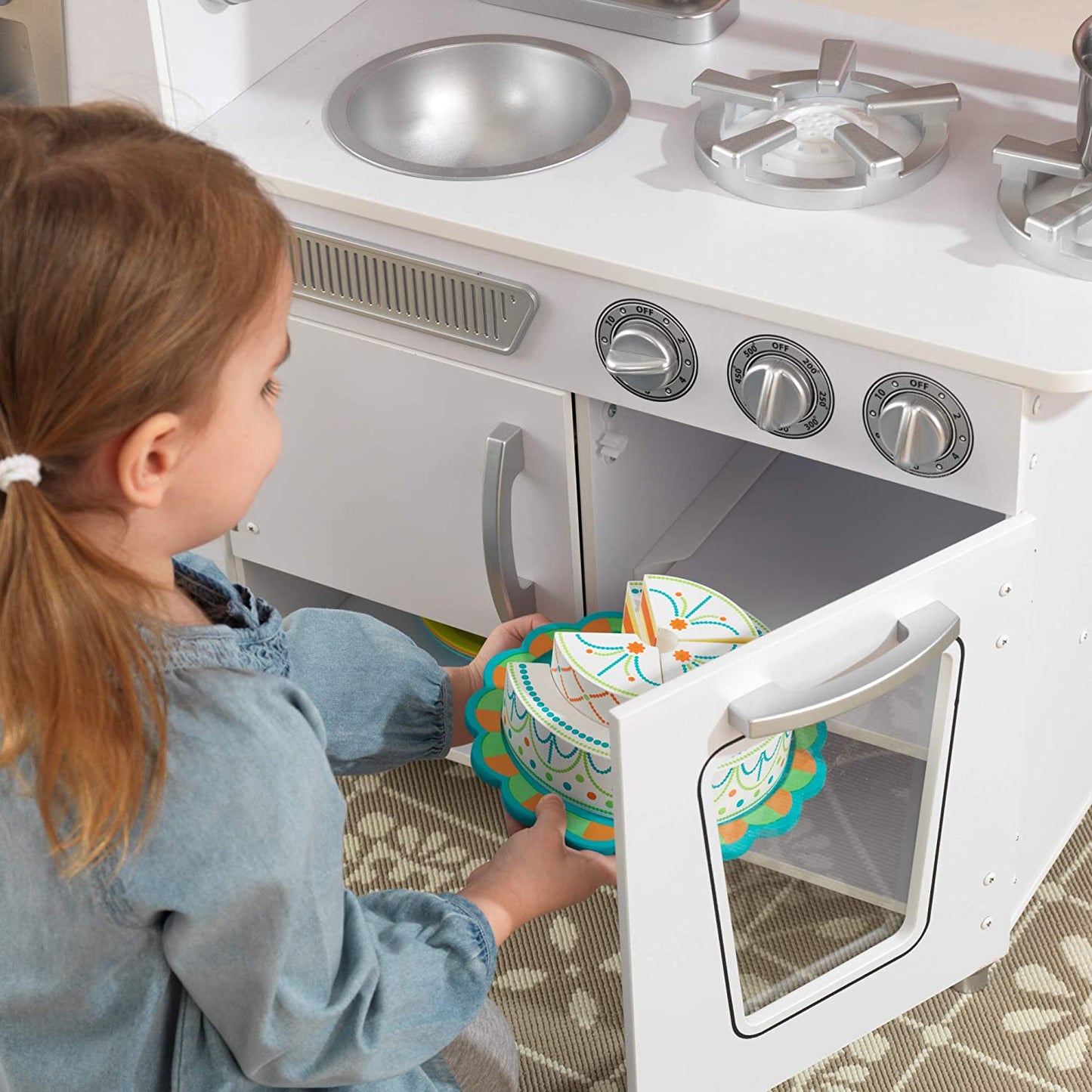 Vintage Wooden Play Kitchen with Pretend Ice Maker and Play Phone, White