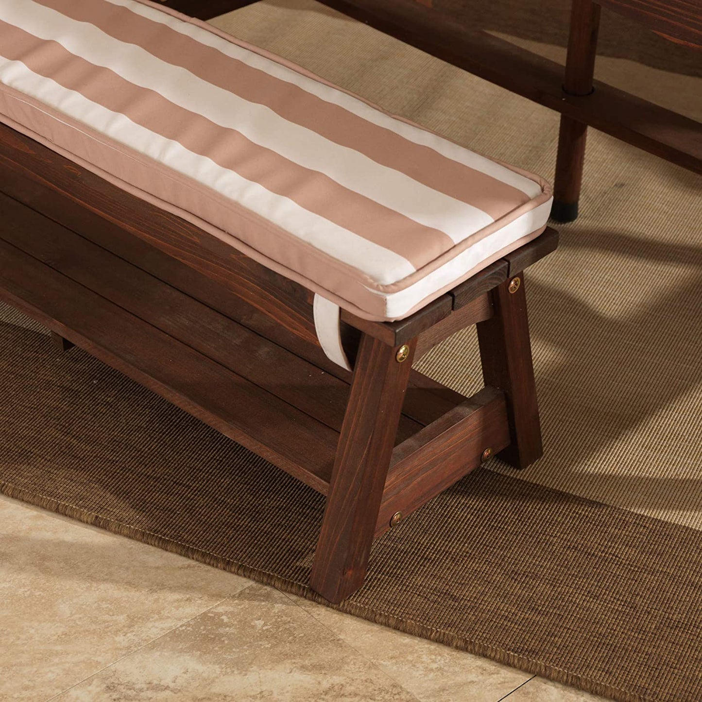 Outdoor Table and Bench Set with Cushions and Umbrella, Kids Backyard Furniture, Espresso with Oatmeal and White
