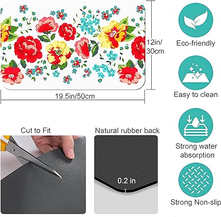 Accessories for Countertop Pioneer Flower Absorbent Hide Stain Rubber Backed Dish Drying Mats, (20x12in)