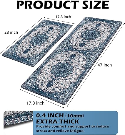 Set 2 Pieces,0.4 Inches Thick Non Slip Kitchen Rugs and Mats Teal Wood Cushioned Anti Fatigue Floor Mat Waterproof Comfort Standing Runner Sink Rug,17.3 x 28+17.3 x 47 Inch