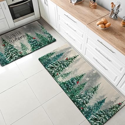 Winter Welcome Decorative Kitchen Rugs Set of 2, Farmhouse Pine Tree Cardinal Kitchen Mat Snowflakes Non-Slip Floor Mat, Winter Decorations for Home Kitchen - 17x29 and 17x47 Inch