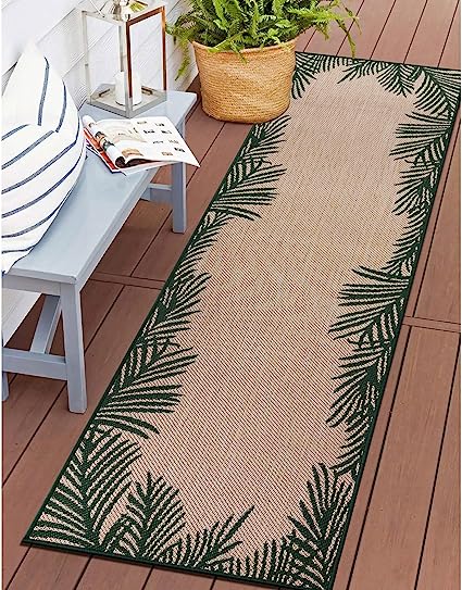 Tropical Floral Palm Leaves Textured Flat Weave Easy Cleaning Outdoor Rugs