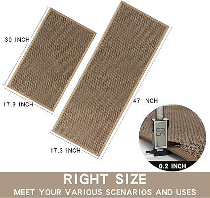 Rubber Backing Cushioned Non Slip Kitchen Rugs , Washable for Kitchen, Office, Home, 17.3"x47"+17.3"x30" (Brown)