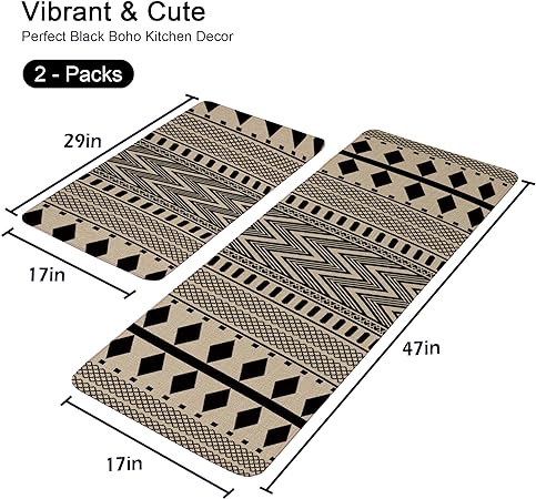 Non Skid Washable Black and White Boho Kitchen Rug Sets of 2, 17x29 and 17x47 Inch