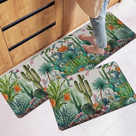 Set of 2 Cactus Marble Tropical Green Succulent Cacti Plants Kitchen Mat