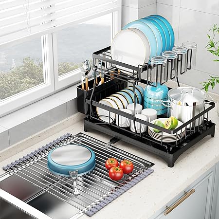 Compact Dish Rack for Kitchen Counter with Silicone Dish Drying Mat, Stainless Steel Dish Drainer for Kitchen Sink, Space Saving Plate Rack Cutlery Holder, Black