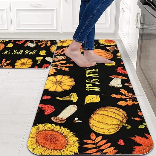 Thanksgiving Pumpkins Absorbent Washable Fall Kitchen Rug Set for Home, 17.3"x 30" +17.3"x 47"