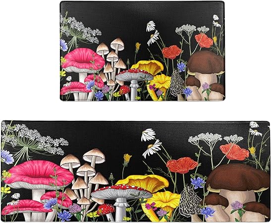 Set of 2 Anti Fatigue Mushroom Non-Skid Washable Kitchen Runner Rug, 17.5"x29.5"+17.5"x47"