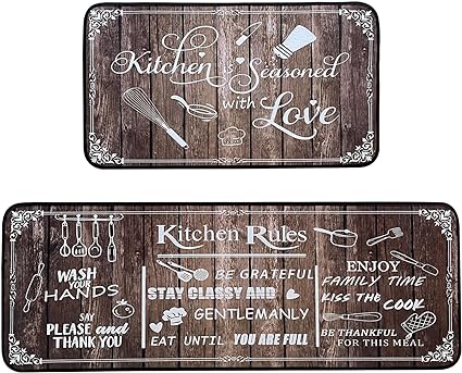 Non Skid Washable Microfiber mats for Kitchen Floor, Kitchen Rules Theme Kitchen Cushioned Runner Rug Decor Sets of 2,Size 17"x 47"+17"x 30"