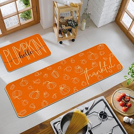 Orange Hello Pumpkin Thankful Fall Kitchen Mats Set of 2- 17x29 and 17x47 Inch