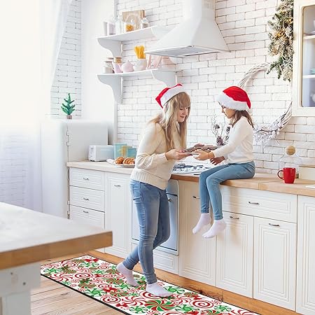 2 Pcs Non Slip Merry Christmas Winter Farmhouse Party Floor Mat for Kitchen Decor 17 x 30 and 17 x 47 Inch