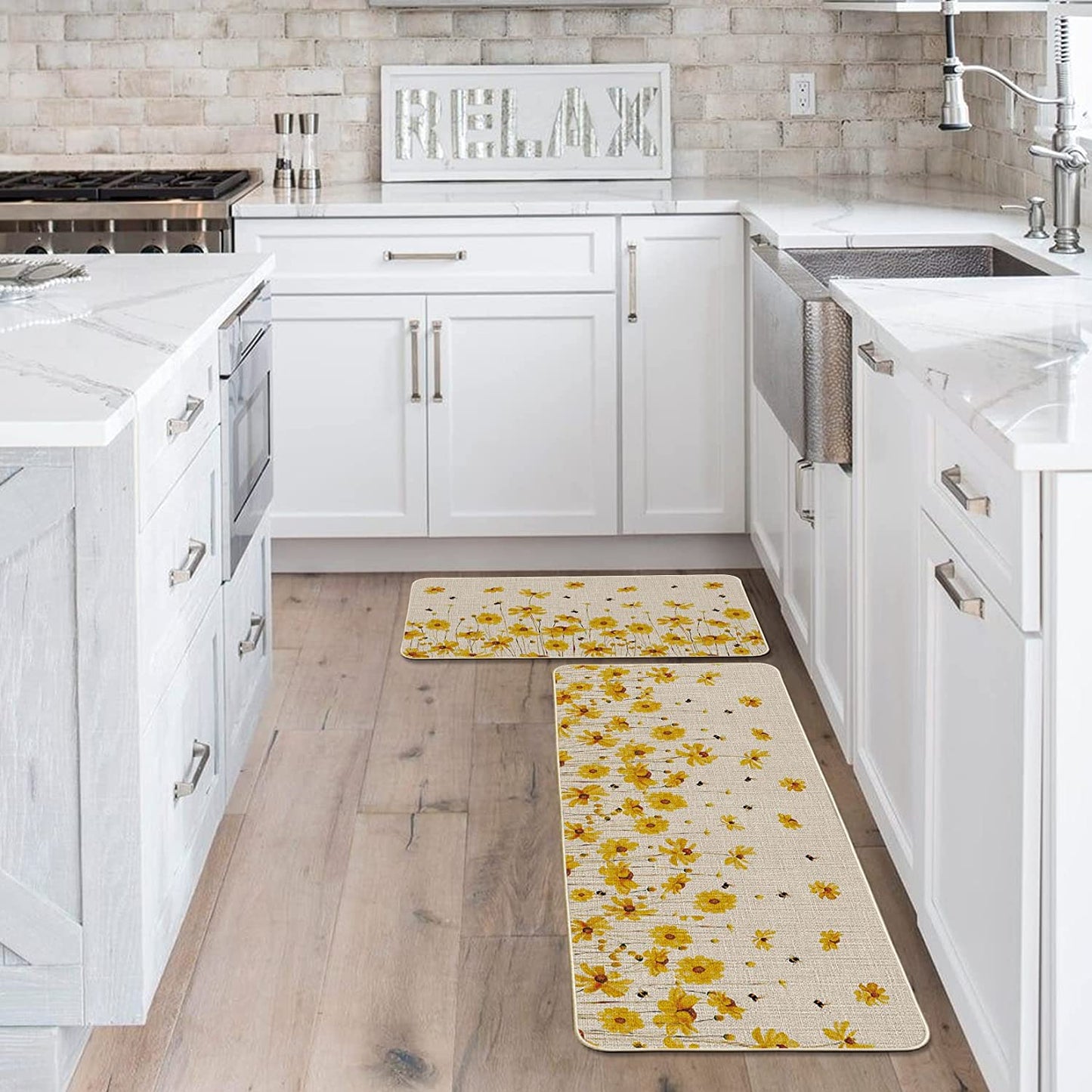 Set of 2, Yellow Flowers Bee Spring Summer Home Decor Low-Profile Kitchen Rugs 17x29 and 17x47 Inch