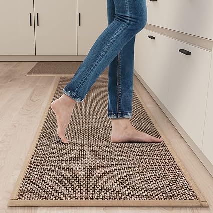 Rubber Backing Cushioned Non Slip Kitchen Rugs , Washable for Kitchen, Office, Home, 17.3"x47"+17.3"x30" (Brown)