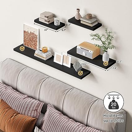 Black Floating Shelves for Wall 24 Inches Long, (Set of 3)