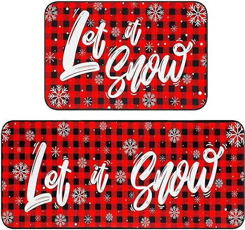 Non Slip Santa Claus Snow Gnome Low Profile Plaid Winter Decorative Christmas Rug 17x29 and 17x47 Inch