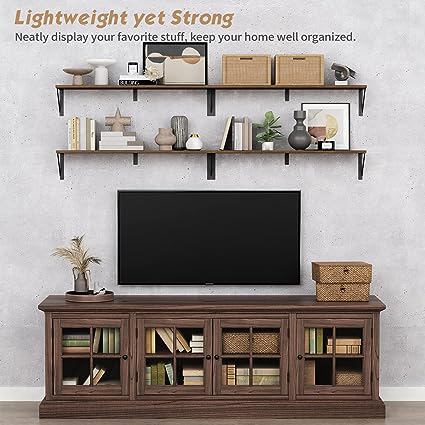 Set of 3, 36 Inches Long Wall Bookshelf for Bedroom, Large Wood Heavy Duty Hanging Bookshelves for Books, Living Room Decor, Closet Storage (Rustic Brown)