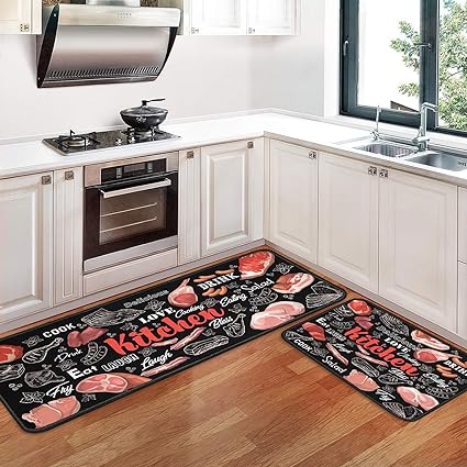 Non Skid Washable Black Kitchen Mat Soft Super Absorbent Anti Fatigue Kitchen Mat Runner Set Doormat Bathroom 17"x47"+17"x30", 2 PCS