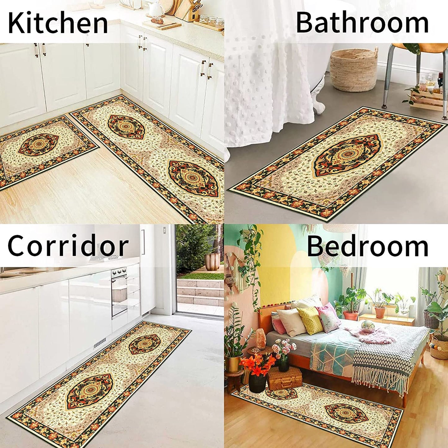 Set of 2 Non-Slip Bohemian Kitchen Runner Rug 63*19.7/31.5*19.7