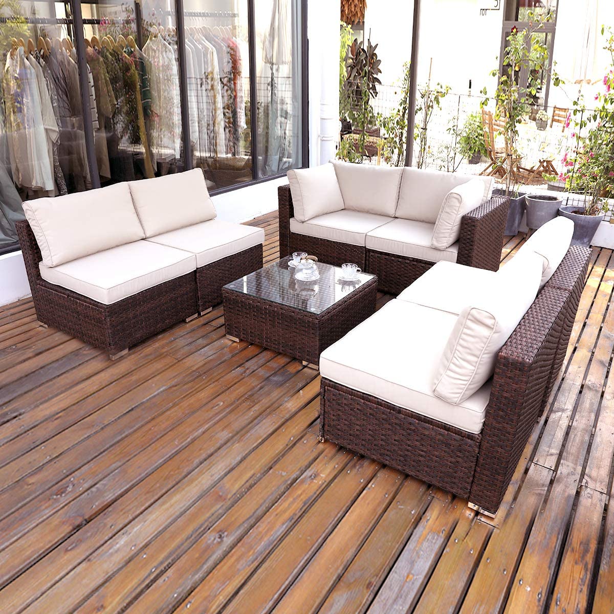 DIMAR garden Outdoor Coffee Table with Tempered Glass Top Wicker Patio Furniture Sets Rattan Sectional Small Table (Black 19.7in)