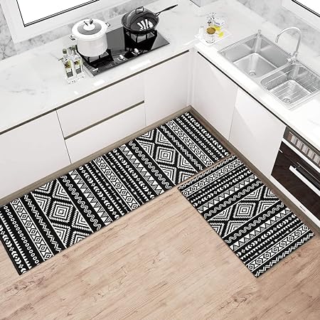 2 Piece Washable Non-Slip Black Boho Kitchen Mats