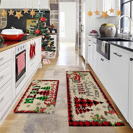 Set of 2 - Red Buffalo Plaid Christmas Kitchen Decor 17"x27+17"x47"