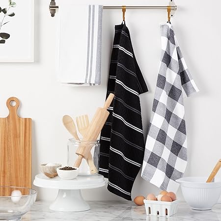 Stripe Gingham Dual Purpose Kitchen Towel 3-Pack Set, Blue Velvet, 16"x28"
