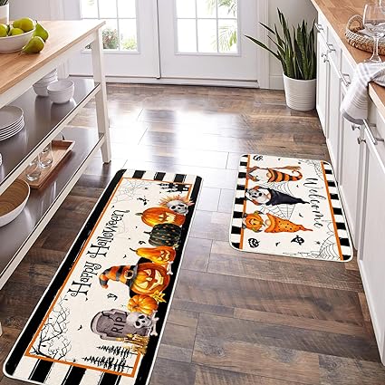 Non-Slip Gnome Doormat for Outdoor Indoor Kitchen Decor, Halloween Decorative Kitchen Mats Set of 2,