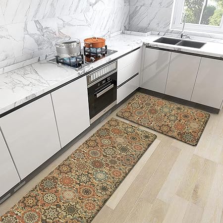 Sets 2 Piece,Cushioned Anti-Fatigue Anti Skid Crimson Tile Waterproof Kitchen Rug, 17.3"x30"+17.3"x59"