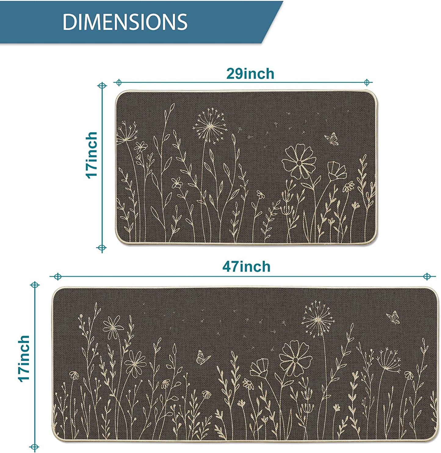Set of 2 Black Dandelion Low-Profile Kitchen Rugs - 17x29 and 17x47 Inch
