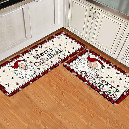 Set 2 Pieces Cute Santa Claus Decor Red Black Buffalo Plaid Non Slip Washable  Kitchen Rugs, 15.7" x 23.6"+15.7" x 47.2"