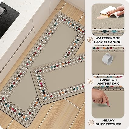 Set 2 Pieces,0.4 Inches Thick Non Slip Kitchen Rugs and Mats Teal Wood Cushioned Anti Fatigue Floor Mat Waterproof Comfort Standing Runner Sink Rug,17.3 x 28+17.3 x 47 Inch