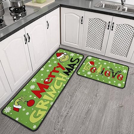 Non Slip Absorbent Waterproof  Christmas Decorations Kitchen Rugs and Mats Set of 2, 17x29 and 17x47 Inch