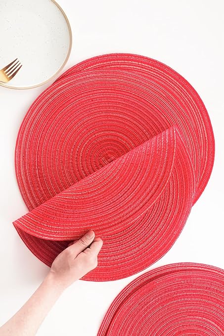 15 Inch Round Braided Placemats Set of 4, Washable Heat Resistant Cotton Polyester Circle Place Mats for Kitchen Dining Table - Canvas Beige