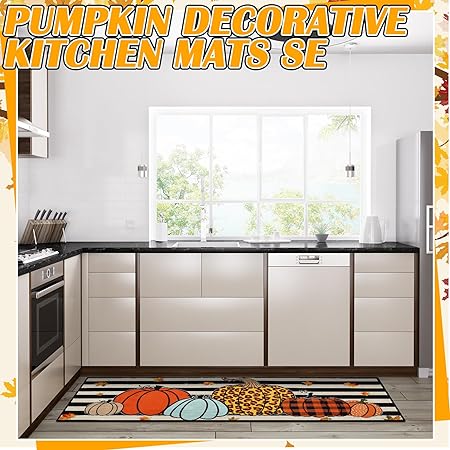 2 Pcs Thanksgiving Pumpkin Non Slip Seasonal Autumn Maple Leaves Striped Floor Mats, 17.7x29.5 and 17.7X 47.2 Inch