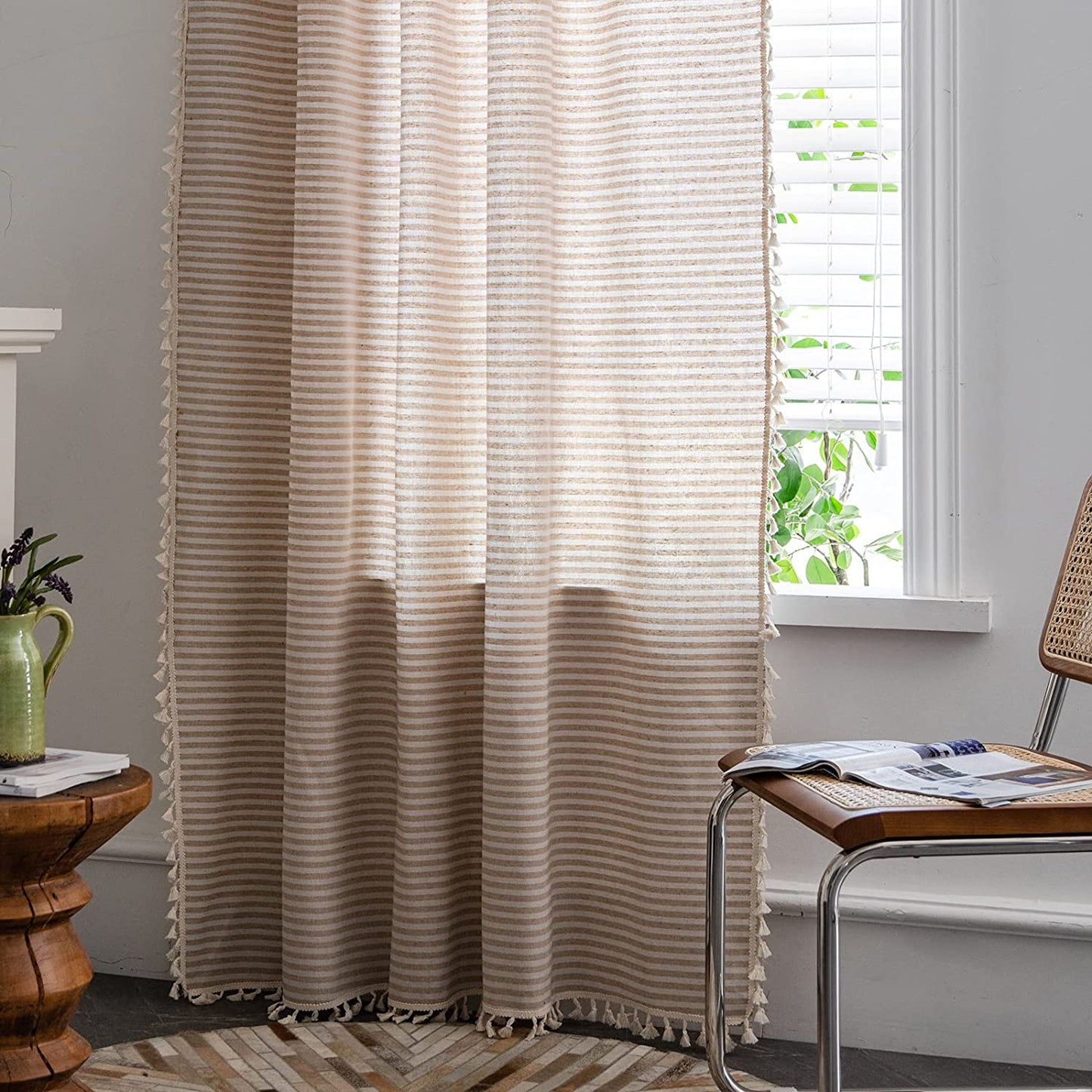 ColorBird Striped Semi-Blackout Window Curtains 2 Panels Farmhouse Style Cotton Linen