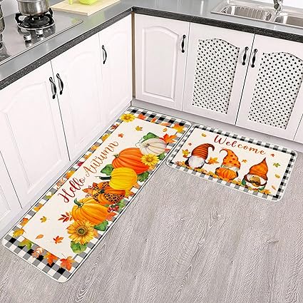 Non-Slip Gnome Doormat for Outdoor Indoor Kitchen Decor, Halloween Decorative Kitchen Mats Set of 2,