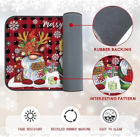 Non Slip Santa Claus Snow Gnome Low Profile Plaid Winter Decorative Christmas Rug 17x29 and 17x47 Inch