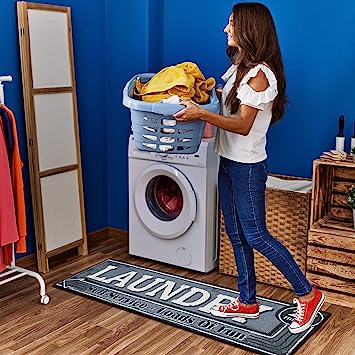 Machine Washable Checkered Border Laundry Room Rug Non-Slip Rubberback 2x3 Laundry Area Rug