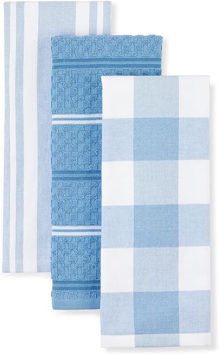 Stripe Gingham Dual Purpose Kitchen Towel 3-Pack Set, Blue Velvet, 16"x28"