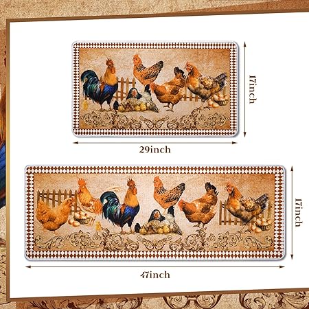 2 Pc Rooster Non Slip Washable Home Winter Holiday Decor, 17 x 30 Inch, 17 x 47 Inch