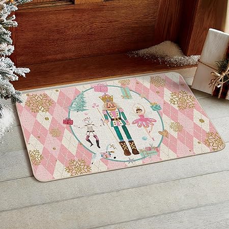 Green Diamond Plaid Nutcracker Christmas Doormat, 17x29 Inch